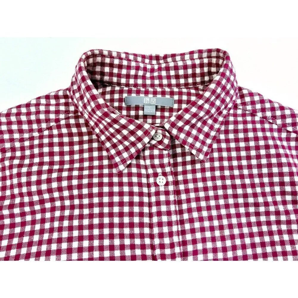 Uniqlo Size Large Womens Red White Check Flannel Long Sleeve Cotton Pocket Shirt - Picture 10 of 10